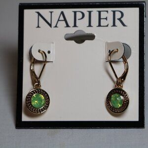 Napier Gold Earrings with Light Green Stone New On Card